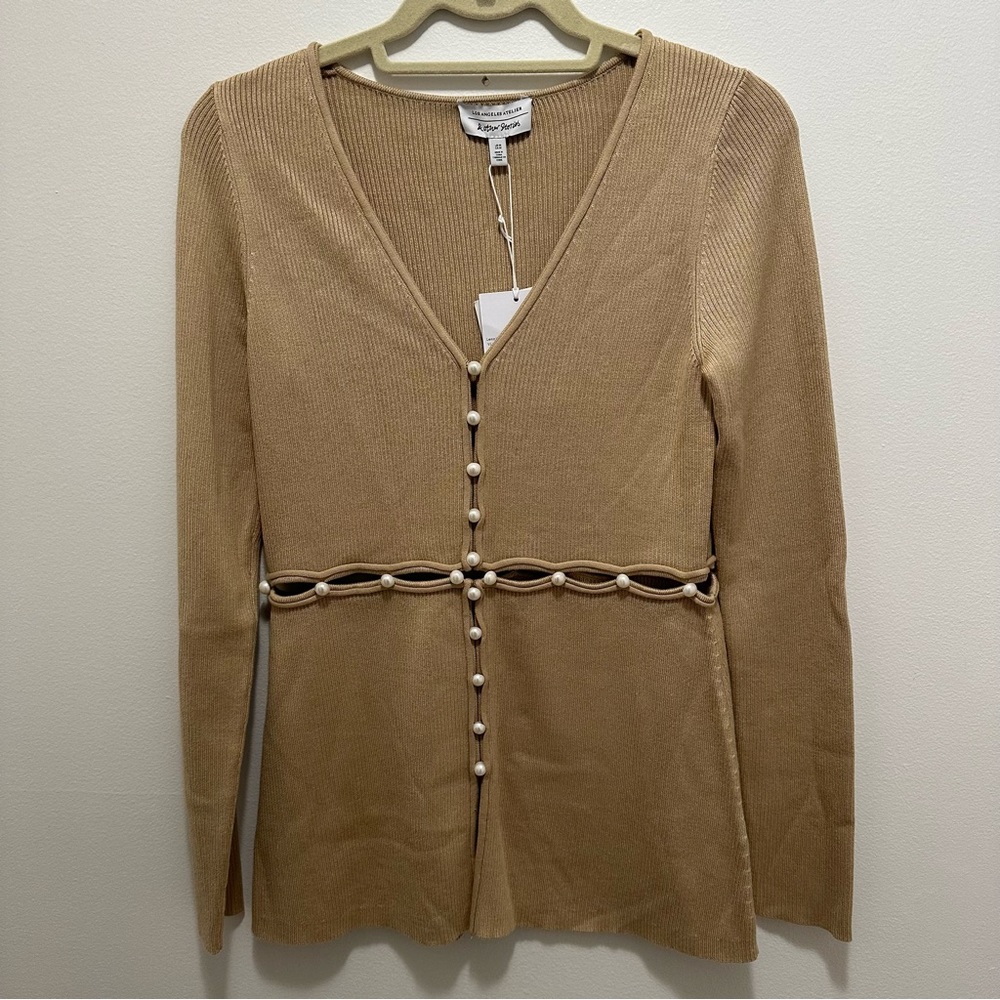 & Other Stories Tan Cutout Sweater with Pearl Details